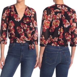 Madewell Black Red Floral Printed 3/4 Sleeve V-Neck Wrap Blouse